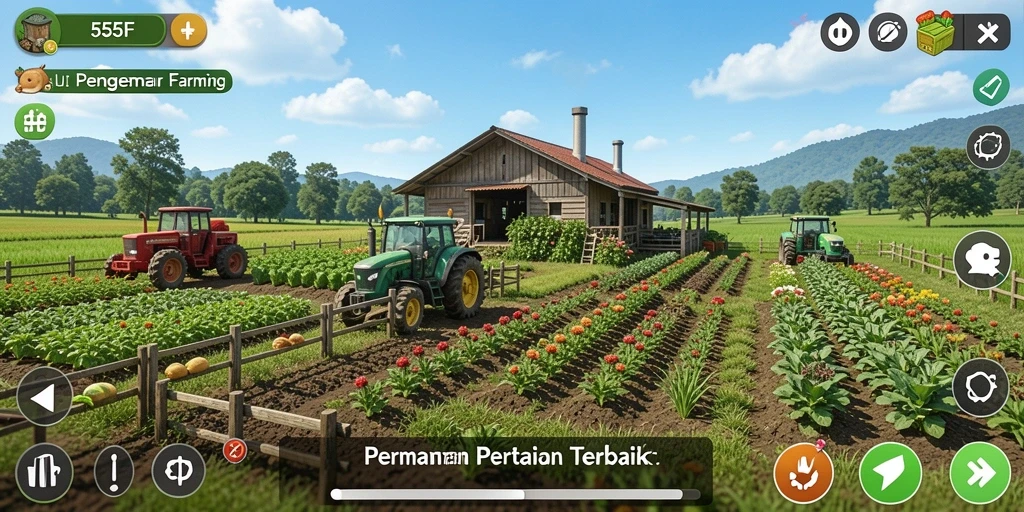 Screenshot utama 555F menampilkan pemain yang sedang menanam tanaman di ladang.