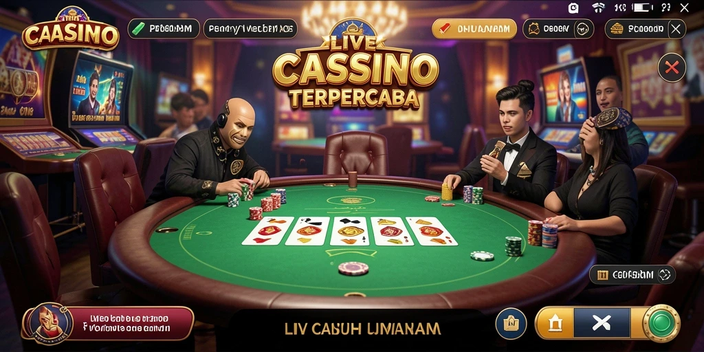Screenshot gameplay P200M yang menampilkan dealer langsung dan suasana kasino.