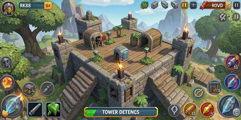 Tampilan gameplay seru dengan berbagai menara dan musuh di RK88.
