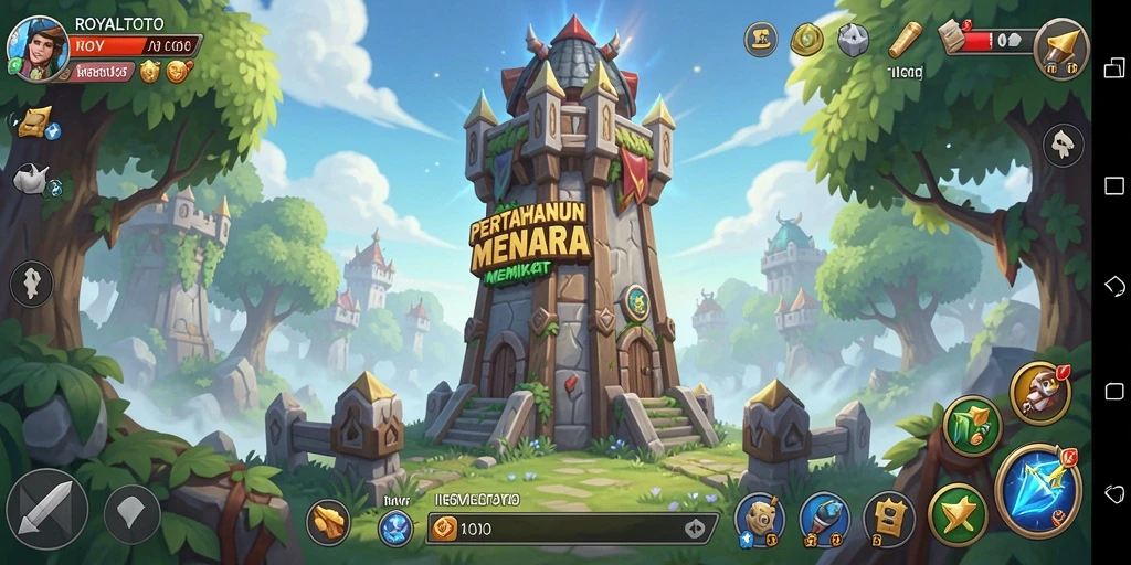 Screenshot gameplay ROYALTOTO menampilkan pertarungan menara yang mendebarkan.