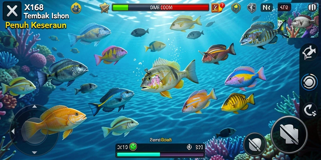 Gameplay seru X168 dengan berbagai ikan yang menunggu untuk ditembak.